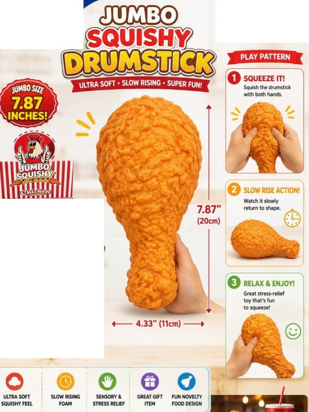 Jumbo Squishy Drumstick 7.87" Fried Chicken Leg Slow Rising Foam Toy